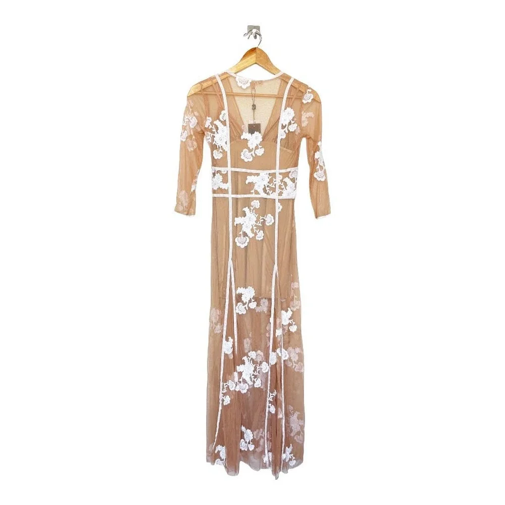 SOLD. For Love And Lemons NWT Eleanora Nude Tulle White Floral Embroidery Maxi - Picture 4 of 9